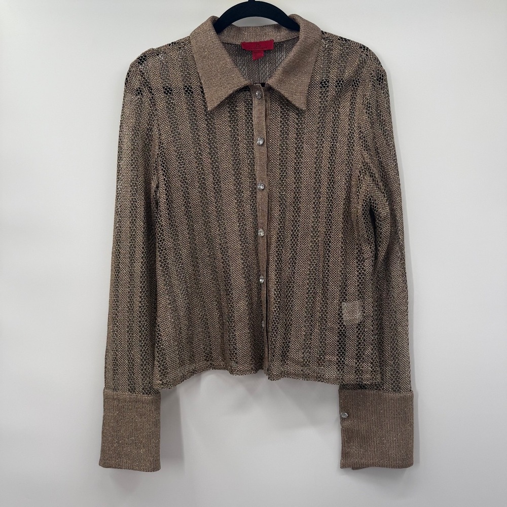 JS Collections Womens Size 14 Mesh Top Shirt Long Sleeve Gold Rhinestone Button